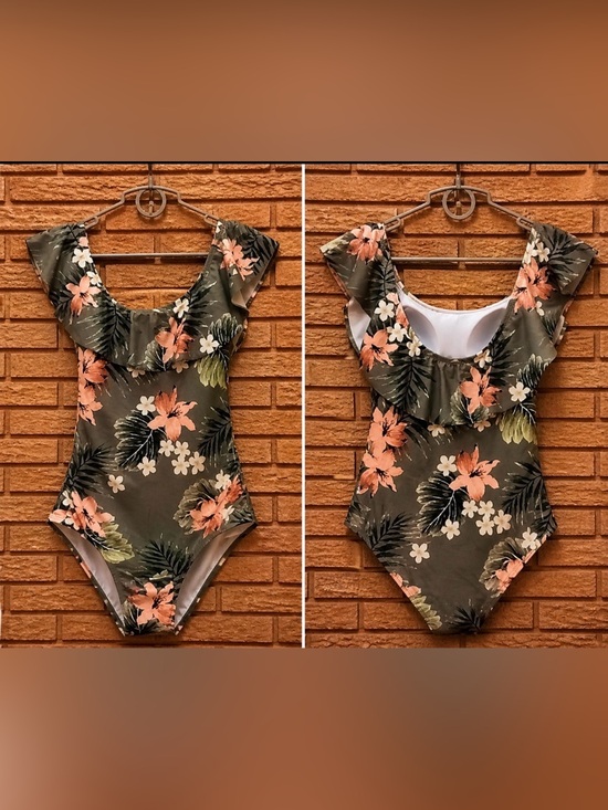 Kona Sol Other - Floral Ruffle One-Piece Swimsuit - Olive‎ Green